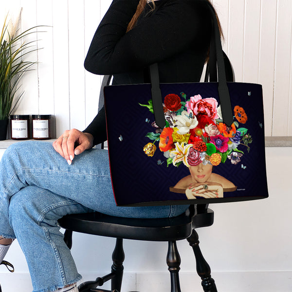 "Flowers Over Diamonds" Leather Tote